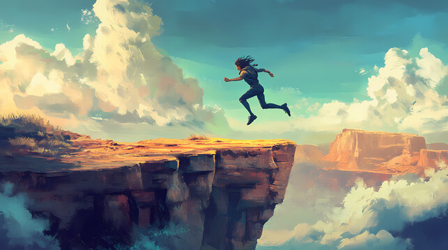 Fortune favors the bold illustrate an adventurer taking a leap of faith across a wide chasm. Chasm. Illustration