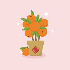 Isolated tangerine, mandarin, clementina tree in a flower pot with sparkles around. Chinese New year, vietnamese tet holiday. Vector illustration.