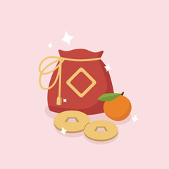 Chinese red bag full of sparkling golden coins with tangerine. Happy Chinese New Year. cartoon vector illustration.