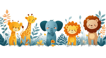 Naklejka premium Cute Safari Animals Illustration: A charming and colorful illustration featuring adorable cartoon animals in the jungle: a giraffe, elephant, lion and a baby lion. Perfect for children's books.