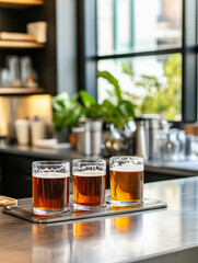Craft Beer Tasting on Steel Counter - Three glasses of craft beer sit on a sleek steel counter, symbolizing brewing, taste, quality, craftsmanship, and enjoyment.