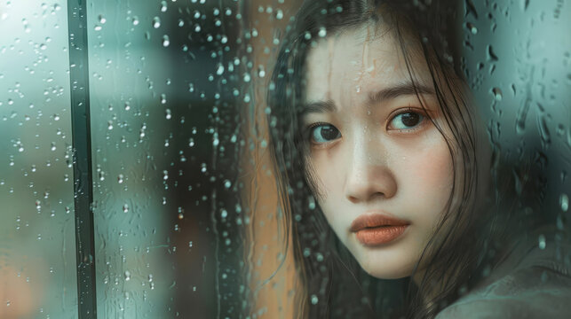 Close-up portrait of a sad Asian woman looking through rainy window glass