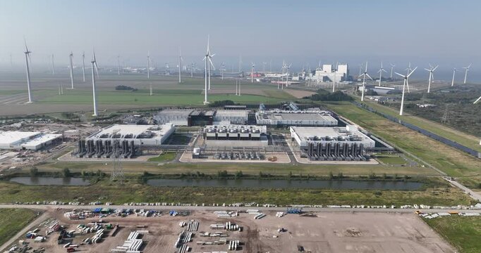 aerial drone video of A data center or datacentre , computer center, Eemshaven, The Netherlands.