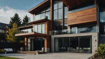 Fototapeta premium Modern Multi-Level Residence with Wood Siding and Glass Balconies