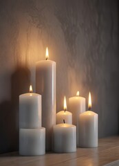 Four pillar candles with soft light on a gray wall, seasonal, cozy, serene