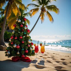 Celebrate New Years Day with tropical cocktails beneath palm trees and sunny beaches surrounded by a festive Christmas tree setup