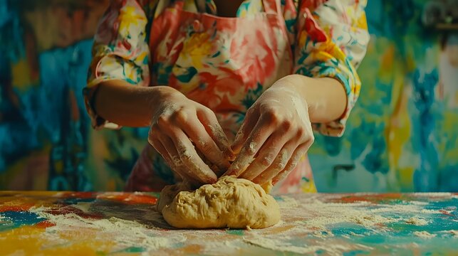 Baking bread in a colorful kitchen with hands kneading fresh dough