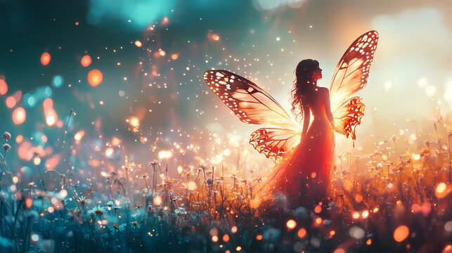 Enchanting woman with butterfly wings in magical flower field for Women&rsquo;s Day poster design
