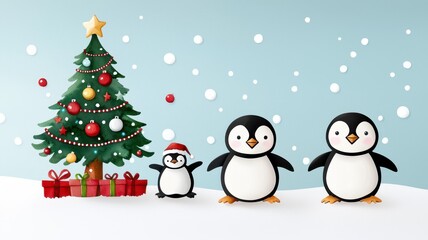 A festive scene featuring three cheerful penguins beside a decorated Christmas tree, surrounded by snow and colorful gifts.
