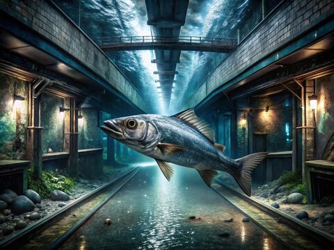 Urban Exploration Photography: Silver Scabbardfish - Abandoned Subway Station, Dark, Mysterious, Grunge, Industrial, Underwater, Bioluminescent, Deep Sea, Fish, Reflections