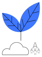Blue leaves representing growth, a simple cloud, and a hierarchy diagram of people working together. Ideal for sustainability, teamwork, leadership, collaboration, growth, innovation and nature