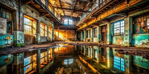 Urban Exploration Photography: Spilled Water, Decay, Abandoned Building, Grunge, Industrial, Dark, Moody, Post-Apocalyptic, Water Damage, Rust, Graffiti, Leakage, Flooding, Interior, Exterior, 