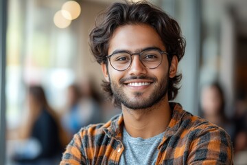 Obraz premium photo of a young Indian engineer smiling, perfect for advertising or promotional campaigns.