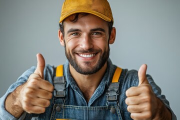 photo of an installer in overalls, giving a confident thumbs up, ideal for high-quality advertising visuals.