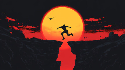 A silhouette of a man leaping across a chasm with a large, red sun in the background. Chasm. Illustration