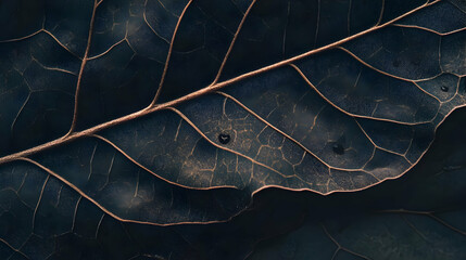 A close-up of a dark, textured leaf showcasing intricate veins and natural patterns.