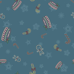 Christmas pattern seamless with snowflakes, gingerbread man, cake and candy. wallpaper, background