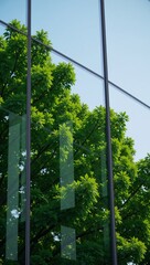 Fototapeta premium Corporate building showcases reflection of sustainable greenery advocating for ESG principles