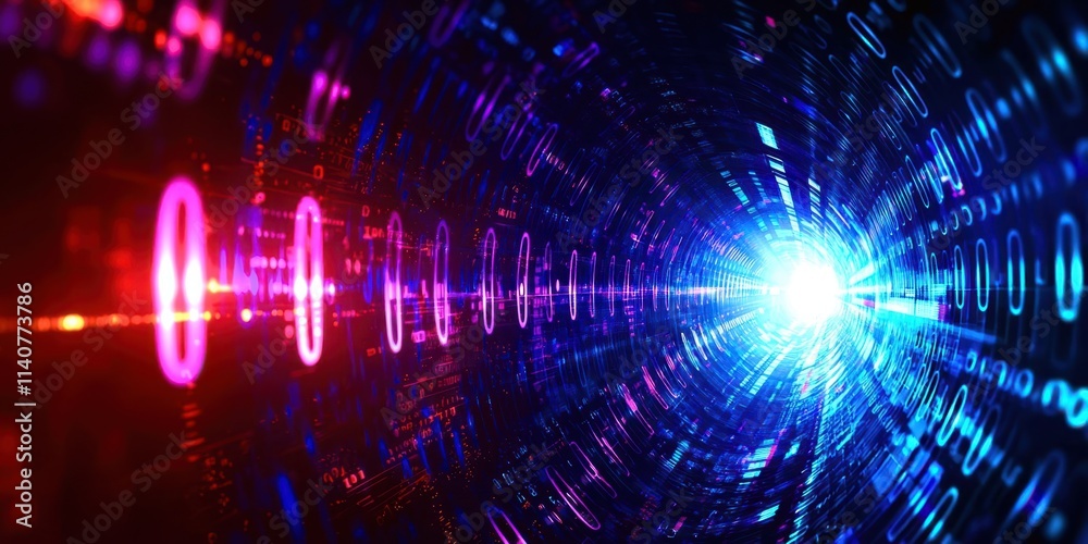 Poster blue and red tunnel with a white light in the middle