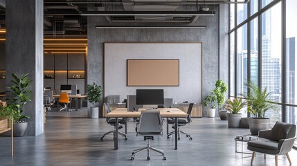 Fototapeta premium Modern office interior featuring sleek furniture and large windows for natural light.