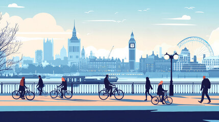 Obraz premium A retro-inspired poster design of London, emphasizing the architectural grandeur of Big Ben, The Shard, and the Houses of Parliament, with bold typography and vintage color schemes.