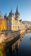Naklejka premium A scenic view of a historic building by a river with autumn foliage.
