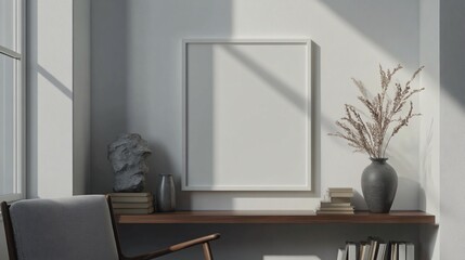 A serene indoor space featuring a minimalist decor with a blank frame, stone sculpture, and a vase of dried flowers.