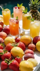 Vibrant tropical scene featuring an abundance of fruit and refreshing cocktails