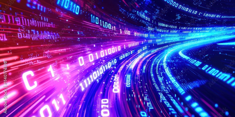 Poster computer screen shows a blue and red line of numbers