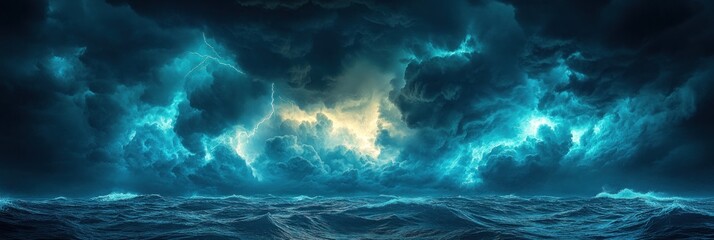 Obraz premium A dramatic seascape depicting turbulent waters and stormy skies illuminated by flashes of light.