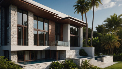 Fototapeta premium Modern two-story house with stone and wood exterior, large windows, and a swimming pool. The house is situated amidst lush tropical landscaping, including palm trees.