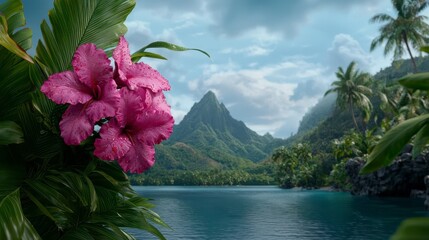Tropical Paradise Pink Flower and Lush Island Landscape