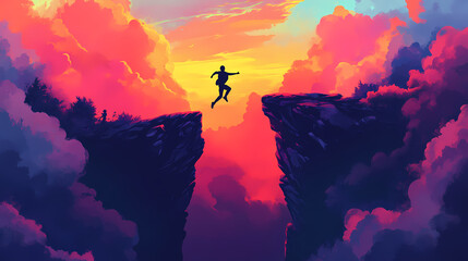 Fototapeta premium Action beats readiness: a figure jumping over a gap between two cliffs without a bridge, symbolizing taking action even without feeling fully ready. Chasm. Illustration