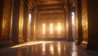 Fototapeta premium Golden light filtering through the temple's entrance , ambiance, temple, pillars
