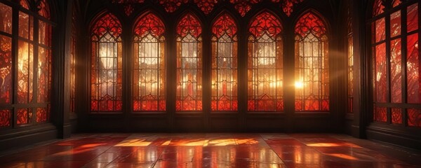 Obraz premium Golden light pouring through stained glass windows with red hues, golden light, vibrant colors