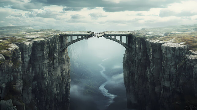 An image of a broken virtual bridge between two cliffs, representing the disruption in peertopeer networking. Chasm. Illustration