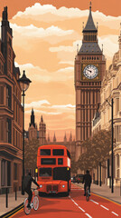 Obraz premium A stylized isometric illustration of London, featuring detailed representations of Big Ben, The Shard, and the Houses of Parliament, interconnected by bustling city streets.