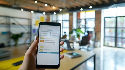 A close-up of a hand holding a smartphone displaying a digital questionnaire form, with a blurred background of a modern workspace