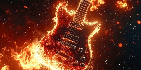 Guitar is on fire and surrounded by flames