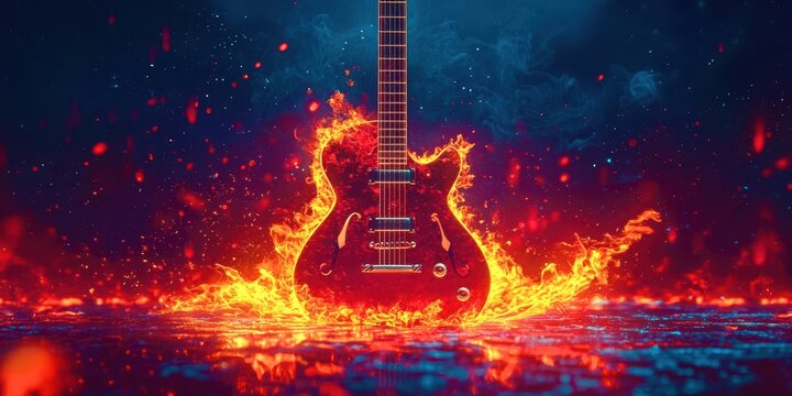 Guitar is on fire and is in the water