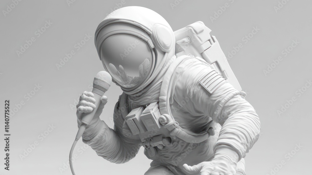 Poster a white astronaut figure holding a microphone, suggesting a blend of space and performance themes.