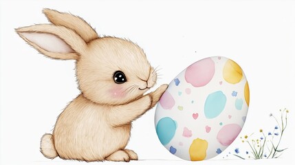 A charming fluffy bunny pushing an oversized, vibrantly decorated Easter egg with pastel polka dots. The bunny’s detailed fur and joyful appearance bring a playful, festive mood