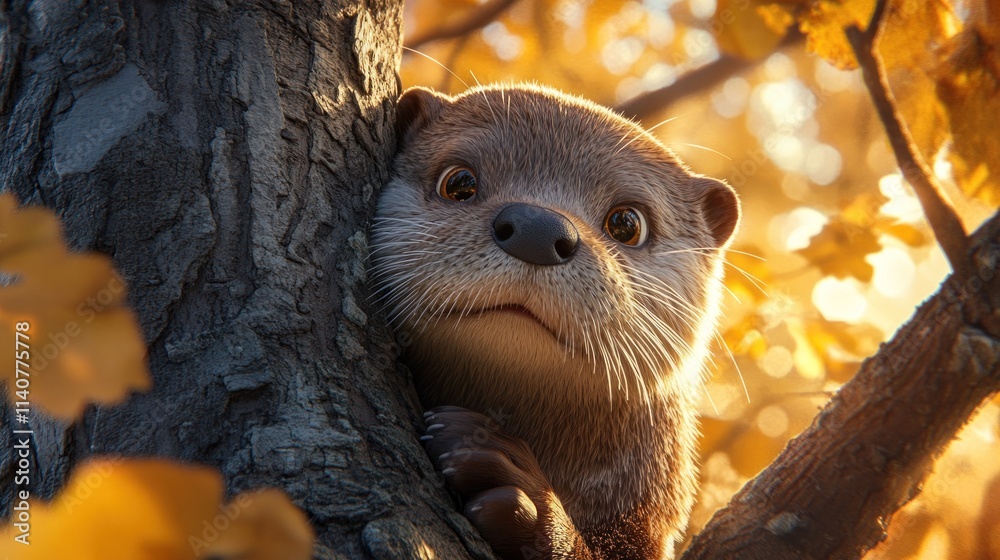 Poster a curious otter peeks from behind a tree, surrounded by autumn foliage.