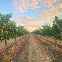 Naklejka premium A scenic vineyard path lined with grapevines under a colorful sky.