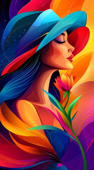 Naklejka premium Vibrant artistic woman with hat holding flower, showcasing beauty and grace in colorful illustration for Women’s Day poster design
