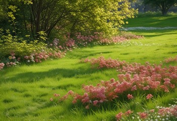 Obraz premium Green grass lawn with blooming Acer Negundo flowers, nature, lawn