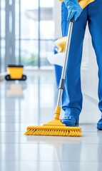 Professional Cleaner Sweeping Modern Office Floor with Yellow Mop and Blue Uniform in Bright Workspace