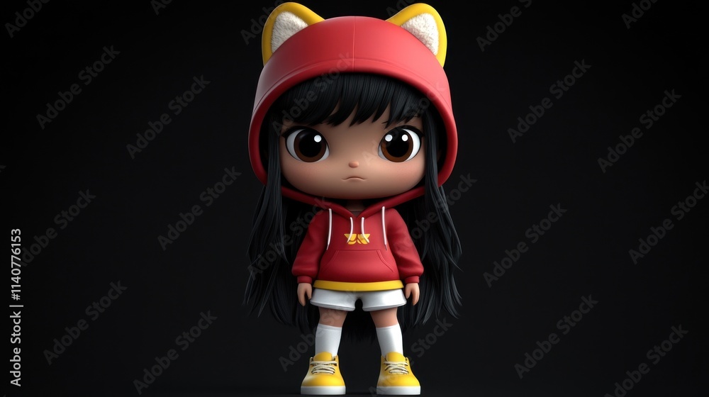 Poster a cute character in a red hoodie with cat ears, showcasing a playful and whimsical design.