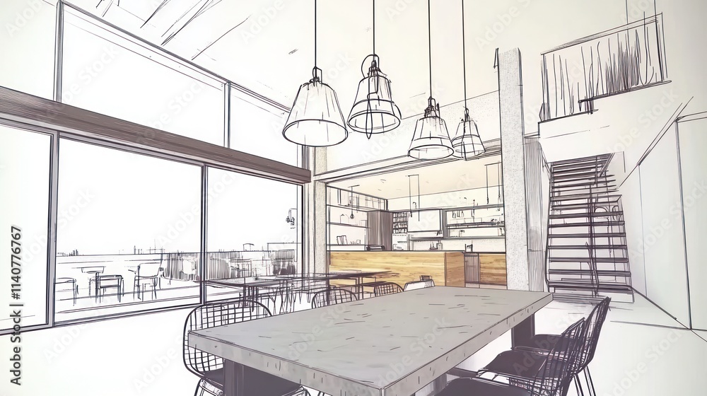Poster modern interior sketch featuring a dining area with large windows and stylish lighting.