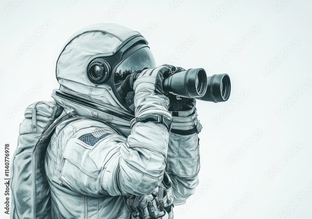 Poster an astronaut using binoculars to observe the surroundings in a desolate environment.